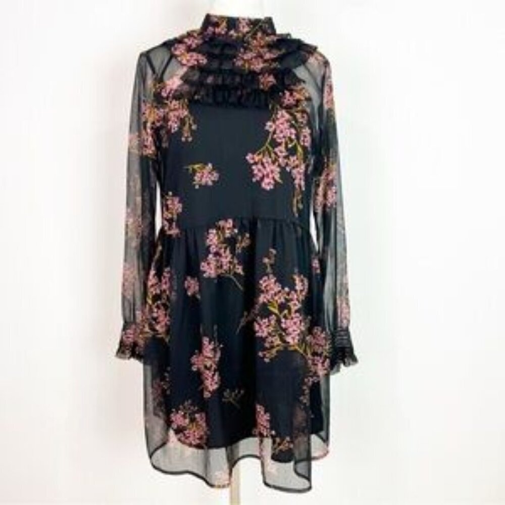 Who What Wear Chiffon Mini Dress Long Sleeve Floral Ruffle Trim Pullover Size L